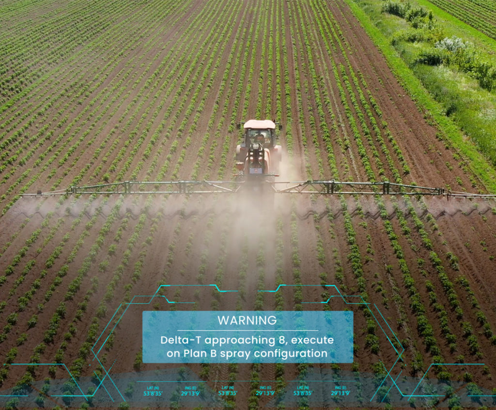 Agricultural Spray Rig in a field with a process notification superimposed over it
