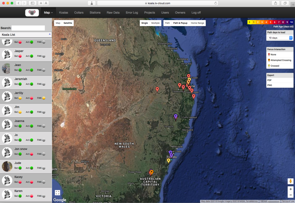 Satellite map of SE Queensland, Australia highlighting the location of wild koalas