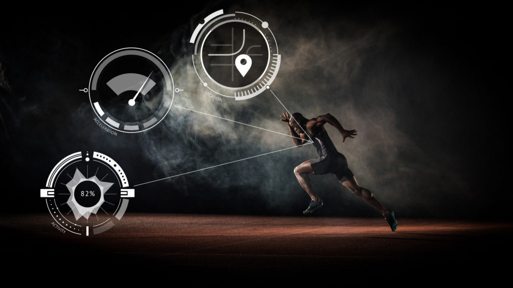 Performance athlete running with metric symbols superimposed showing speed, location and energy